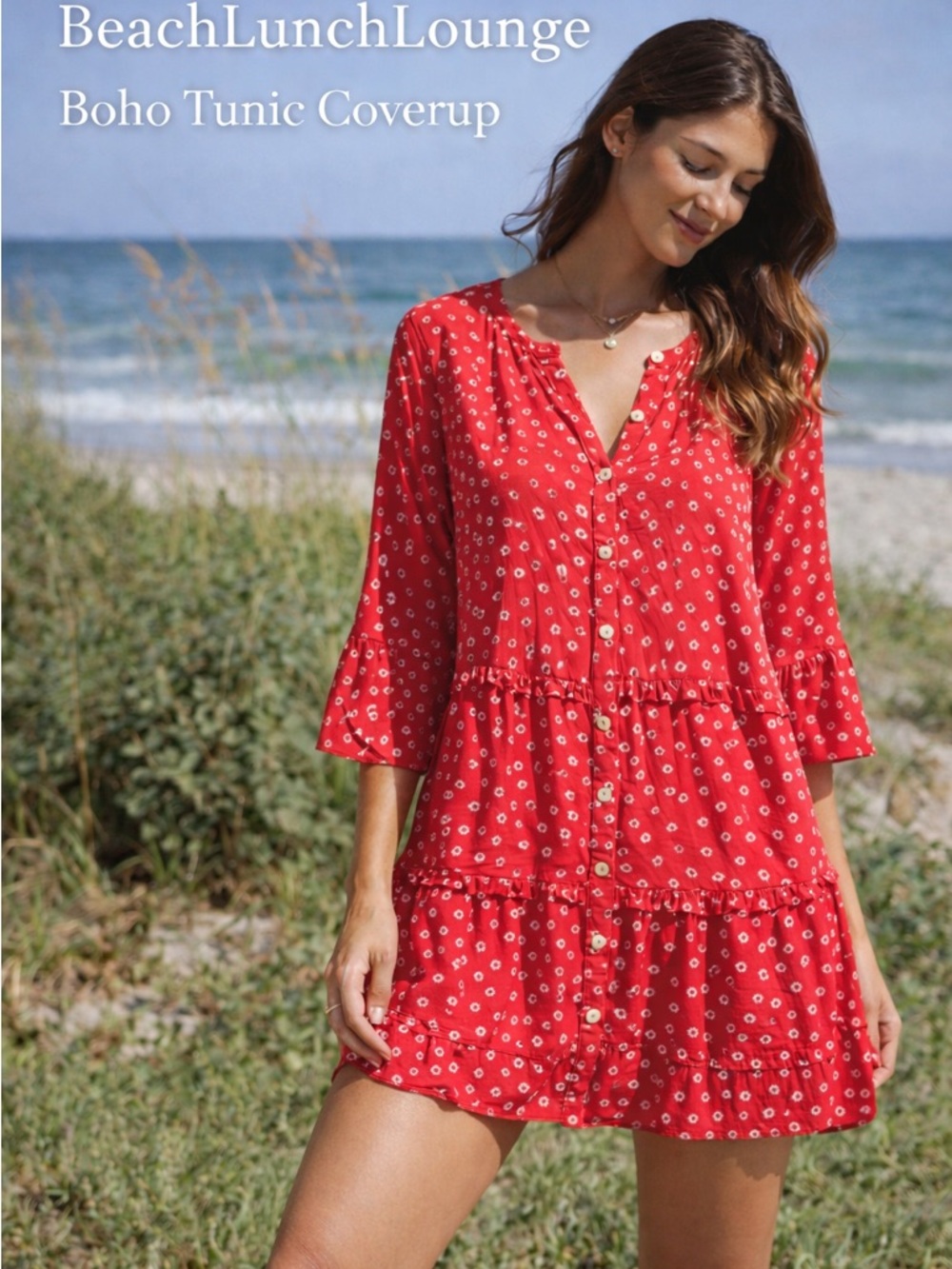 BeachLunchLounge Red Ditsy Daisy Tiered Boho Tunic Dress Coverup Size Small